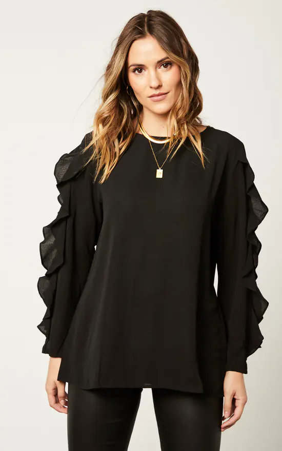 Best Sale ⭐ HOXTON GAL Oversized Ruffle Detailed Long Sleeves Crew Neck Satin Blouse With Necklace In Black 🌟