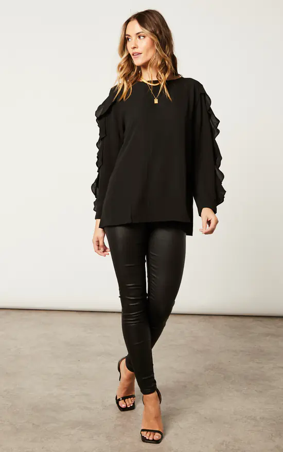 Best Sale ⭐ HOXTON GAL Oversized Ruffle Detailed Long Sleeves Crew Neck Satin Blouse With Necklace In Black 🌟 - Image 2