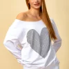 Buy ⭐ HOXTON GAL Oversized Heart Printed Sweatshirt With Boat Neckline In White 😍