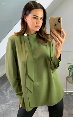 Best Pirce 🎉 HOXTON GAL Oversized High Neck Top With Brooch Details In Khaki 🤩