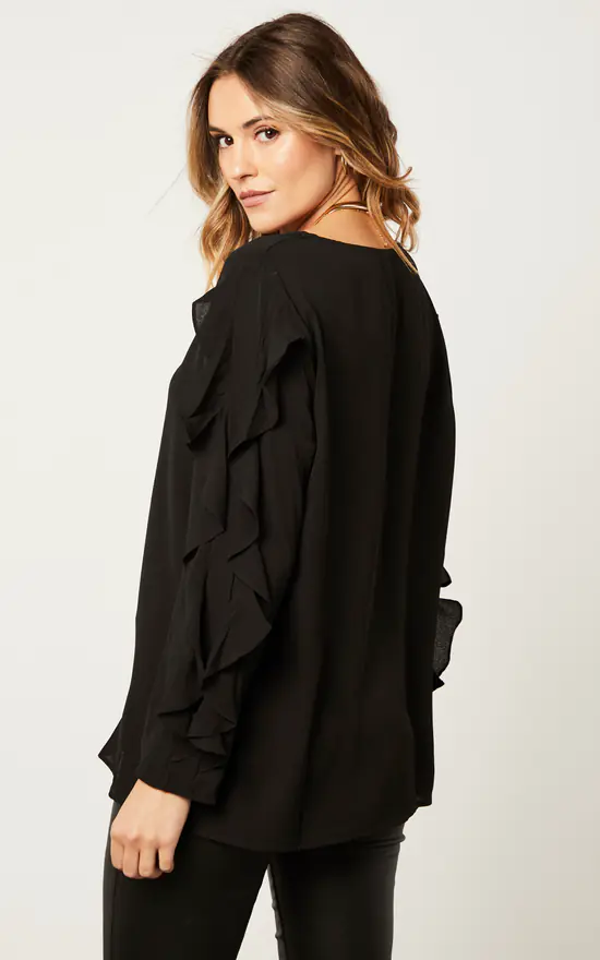 Best Sale ⭐ HOXTON GAL Oversized Ruffle Detailed Long Sleeves Crew Neck Satin Blouse With Necklace In Black 🌟 - Image 4