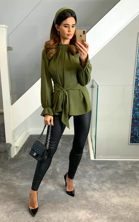 Best Sale 👍 HOXTON GAL Oversized Crepe Tie Ruffle Neck With Tie Waist Detailed Top In Khaki 🌟