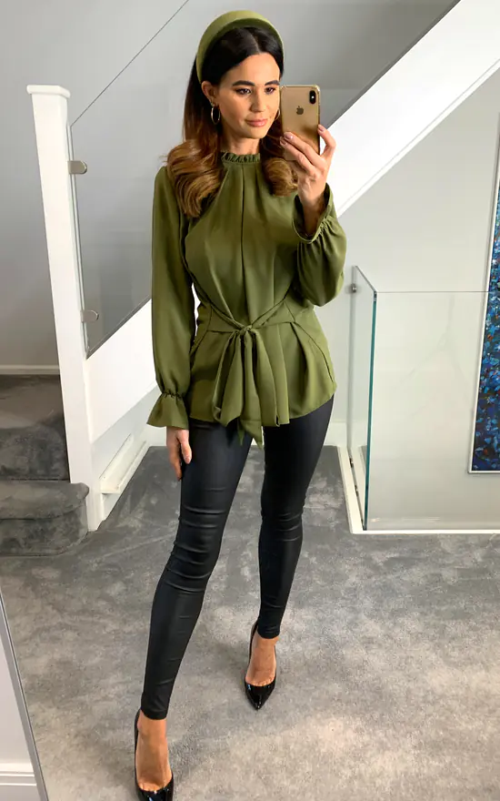 Best Sale 👍 HOXTON GAL Oversized Crepe Tie Ruffle Neck With Tie Waist Detailed Top In Khaki 🌟 - Image 3