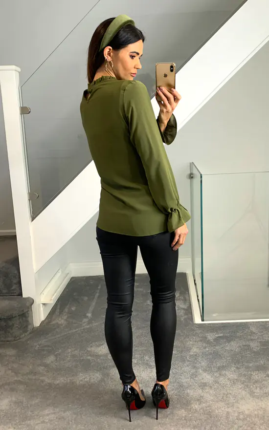 Best Sale 👍 HOXTON GAL Oversized Crepe Tie Ruffle Neck With Tie Waist Detailed Top In Khaki 🌟 - Image 4