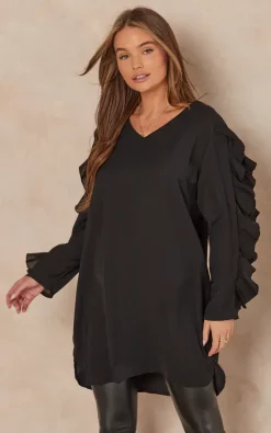 Best deal 🌟 HOXTON GAL Oversized Satin V Neck Detailed Ruffle Sleeves Tunic In Black ⌛