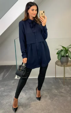 Outlet ✨ HOXTON GAL Oversized Tunic 👚 Shirt With Tie In Navy ⌛