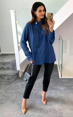 Best deal 🔔 HOXTON GAL Oversized High Neck Top With Brooch Details In Indigo ⭐