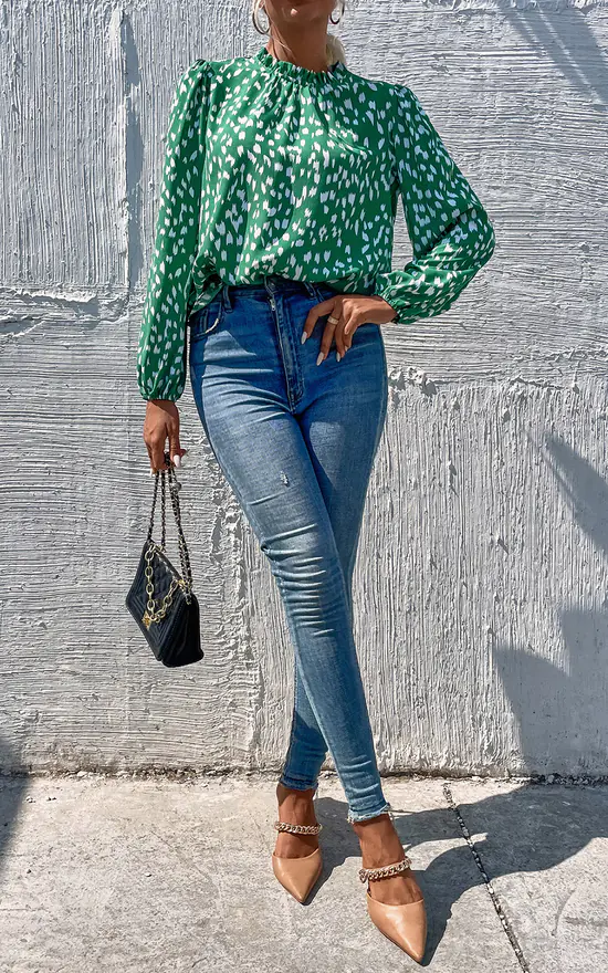 Best reviews of 😀 FS Collection Animal Print Frill Detail High Neck Top In Green 😉 - Image 3