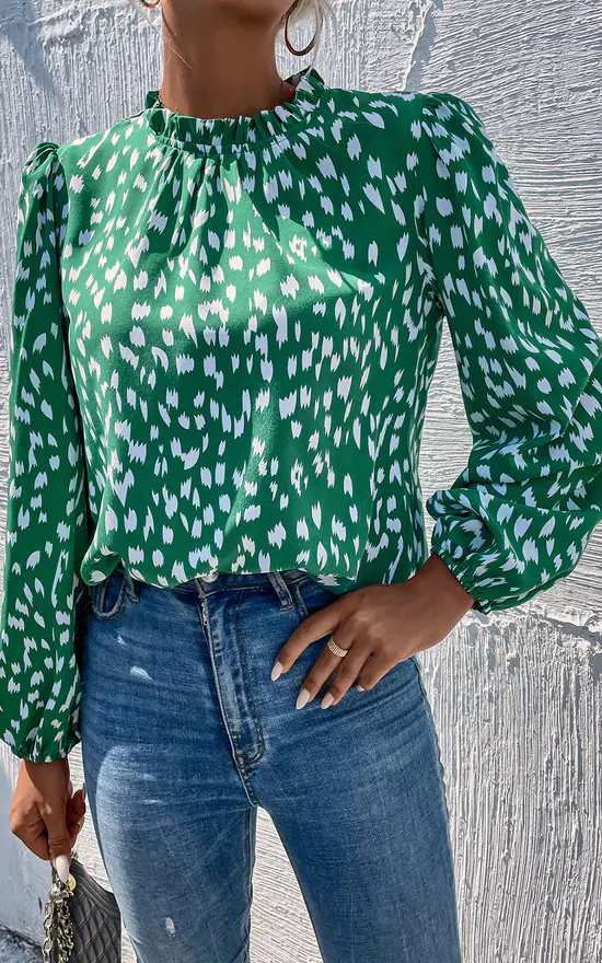 Best reviews of 😀 FS Collection Animal Print Frill Detail High Neck Top In Green 😉 - Image 4