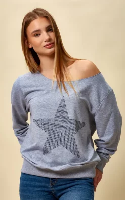 Best deal 🔥 HOXTON GAL Oversized Star Sweatshirt With Boat Neckline In Grey 🎉
