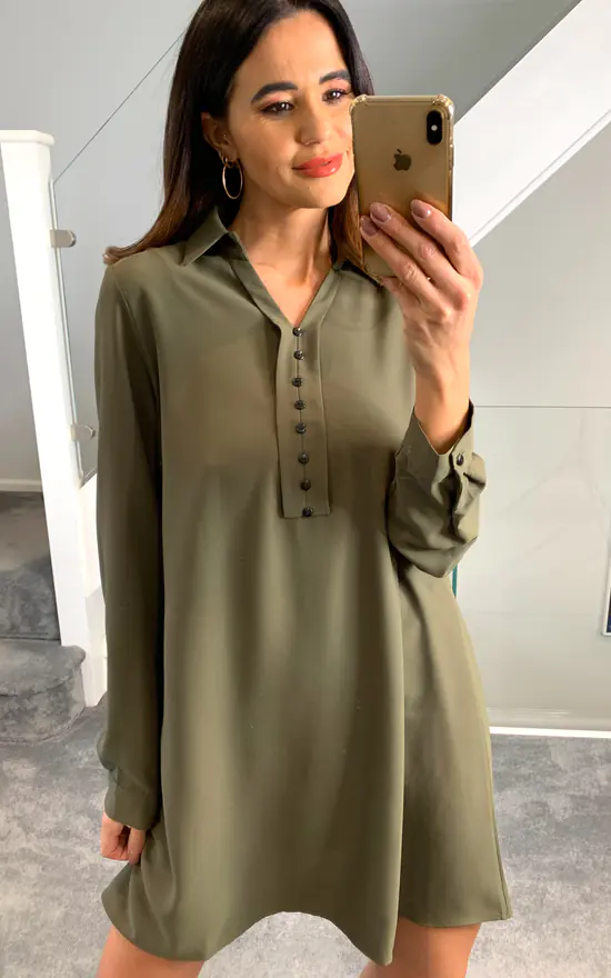 Discount ๐ HOXTON GAL Tunic ๐ Shirt With Button Details In Khaki ๐ฏ - Image 3