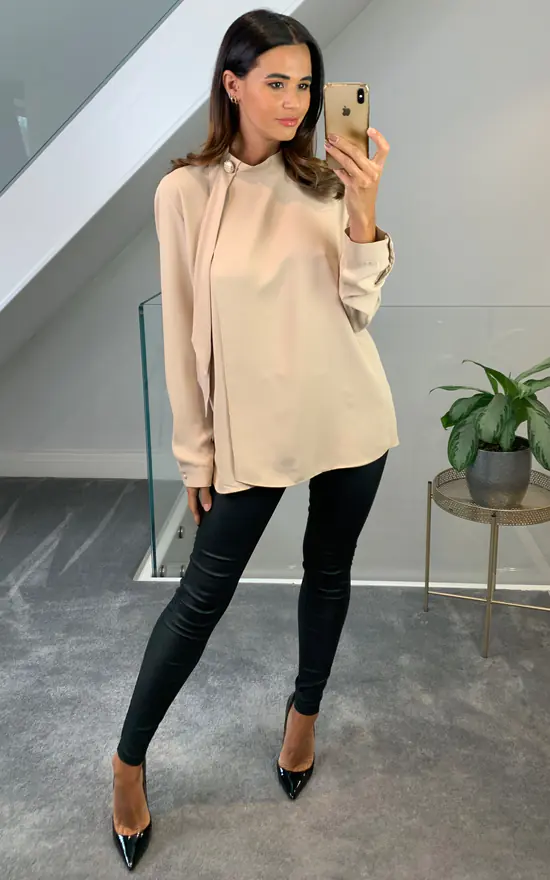 Top 10 ⭐ HOXTON GAL Oversized High Neck Top With Brooch Details In Beige 😀
