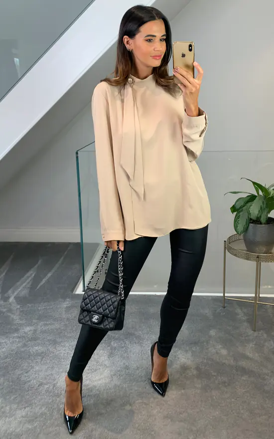 Top 10 ⭐ HOXTON GAL Oversized High Neck Top With Brooch Details In Beige 😀 - Image 2