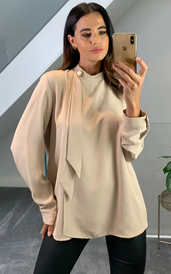 Top 10 ⭐ HOXTON GAL Oversized High Neck Top With Brooch Details In Beige 😀 - Image 3