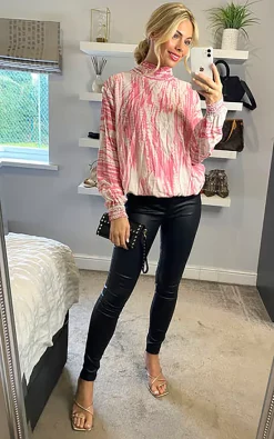Best reviews of 😉 Cameo Rose Tie Dye Printed High Neck Blouse With Shirring In Pink 🧨
