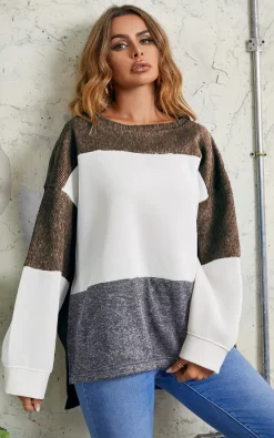 Wholesale 😀 FS Collection Oversized Grey & White Block Colour Top In Brown 🧨