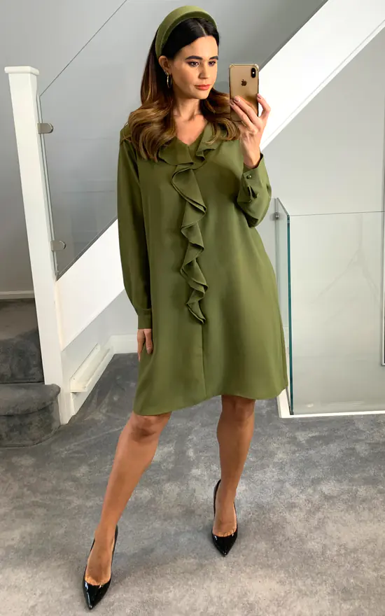 Budget ๐ HOXTON GAL Oversized Tunic With Frill Details In Khaki ๐