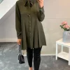 Cheapest 👍 HOXTON GAL Oversized Tie Neck Pleated 👚 Shirt In Khaki 👏