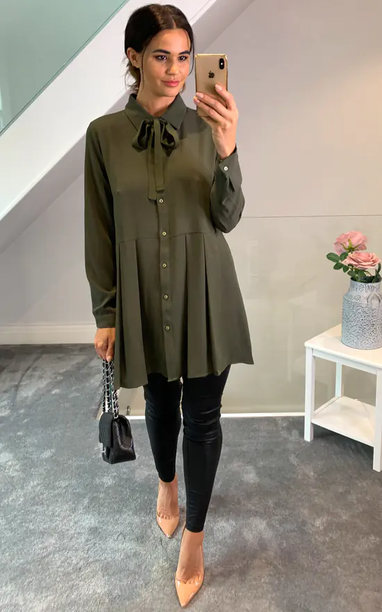 Cheapest ๐ HOXTON GAL Oversized Tie Neck Pleated ๐ Shirt In Khaki ๐