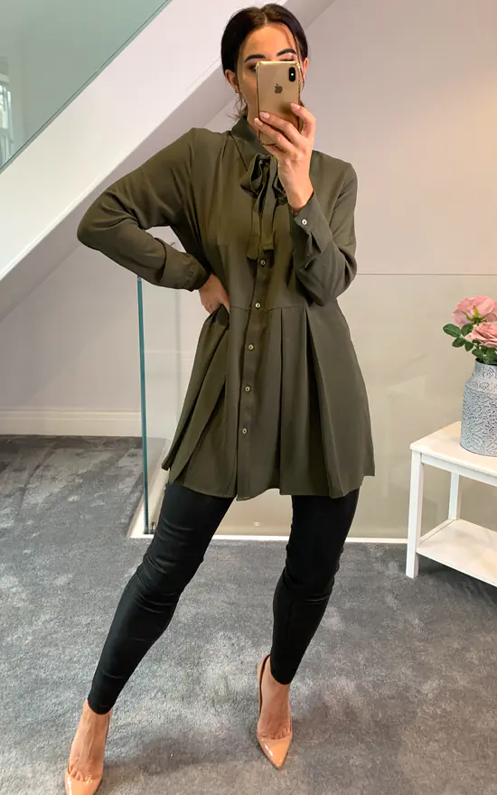 Cheapest ๐ HOXTON GAL Oversized Tie Neck Pleated ๐ Shirt In Khaki ๐ - Image 2