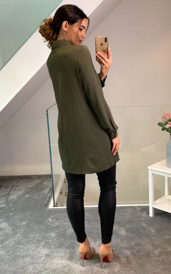 Cheapest ๐ HOXTON GAL Oversized Tie Neck Pleated ๐ Shirt In Khaki ๐ - Image 4