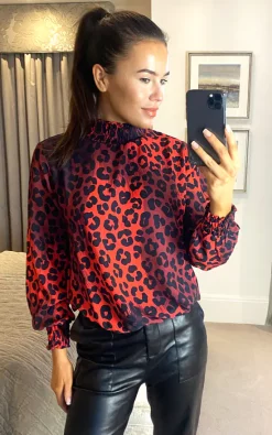 Best Pirce 💯 Jenerique High Neck Long Sleeve Oversized Top In Red Leopard Print 🔔