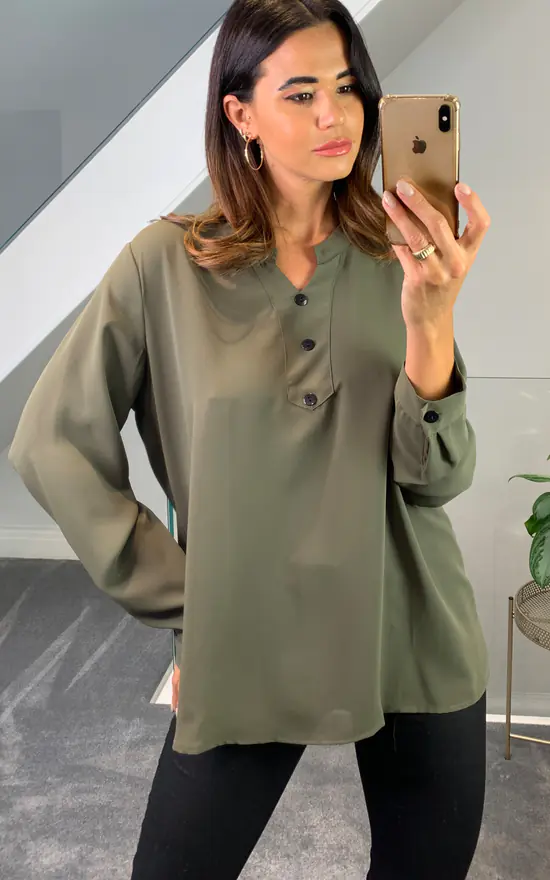 Budget 🎉 HOXTON GAL Oversized Long Sleeves V Neck Top With Button Details In Khaki 🎉 - Image 2