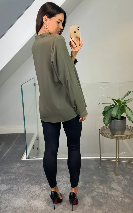 Budget 🎉 HOXTON GAL Oversized Long Sleeves V Neck Top With Button Details In Khaki 🎉 - Image 4