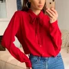 Hot Sale ⌛ HOXTON GAL Tie Neck Oversized Crepe Top In Red ⭐