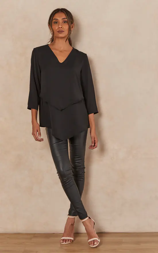 New 😉 HOXTON GAL Oversized 3/4 Sleeves V Neck Detailed Layered Satin Blouse In Black ❤️
