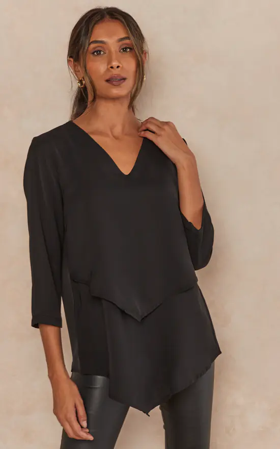 New 😉 HOXTON GAL Oversized 3/4 Sleeves V Neck Detailed Layered Satin Blouse In Black ❤️ - Image 2