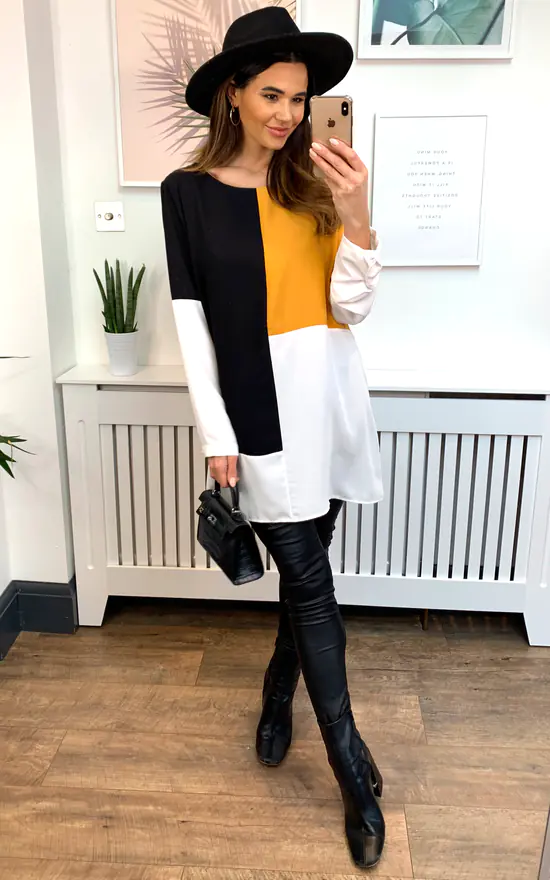 Outlet 💯 HOXTON GAL Oversized Crepe Colour Block Tunic In Yellow, Black And White 🤩