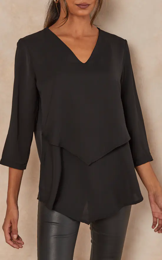 New 😉 HOXTON GAL Oversized 3/4 Sleeves V Neck Detailed Layered Satin Blouse In Black ❤️ - Image 3