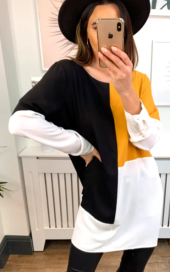 Outlet 💯 HOXTON GAL Oversized Crepe Colour Block Tunic In Yellow, Black And White 🤩 - Image 4