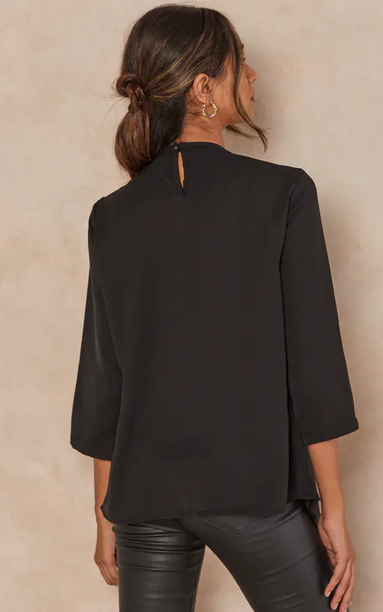 New 😉 HOXTON GAL Oversized 3/4 Sleeves V Neck Detailed Layered Satin Blouse In Black ❤️ - Image 4