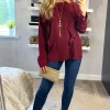 Cheap 🧨 HOXTON GAL Oversized Crepe Top Ruffle Front Details In Burgundy 😉