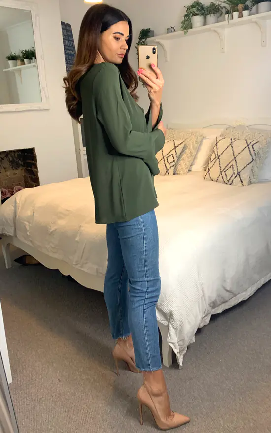 Outlet ๐ HOXTON GAL Khaki Oversized Crepe Top Ruffle Front Relaxed Fit Blouse ๐ - Image 3