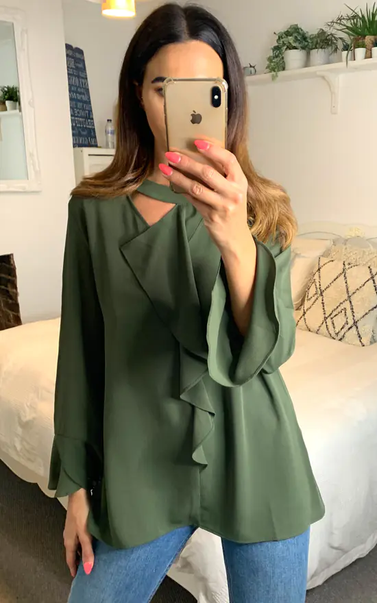 Outlet ๐ HOXTON GAL Khaki Oversized Crepe Top Ruffle Front Relaxed Fit Blouse ๐ - Image 4