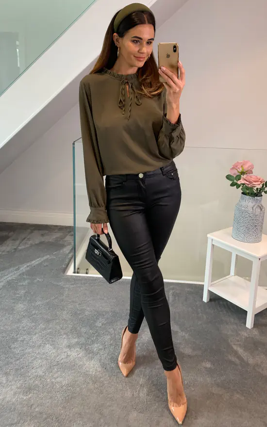 Best Pirce 🎁 HOXTON GAL Oversized Tie Ruffle Neck Top In Khaki 🌟 - Image 2