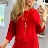Cheap 👏 HOXTON GAL Crepe 3/4 Sleeve Relaxed Layered Top With Necklace In Red ✨