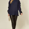 Best deal 😍 HOXTON GAL Crepe Navy Oversized Top Ruffle Sleeve Relaxed Fit Blouse ⌛