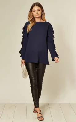 Best deal 😍 HOXTON GAL Crepe Navy Oversized Top Ruffle Sleeve Relaxed Fit Blouse ⌛