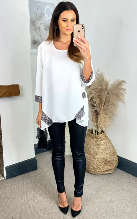 Wholesale ๐ HOXTON GAL Silver Sequin Detail Oversized Top In White ๐งจ