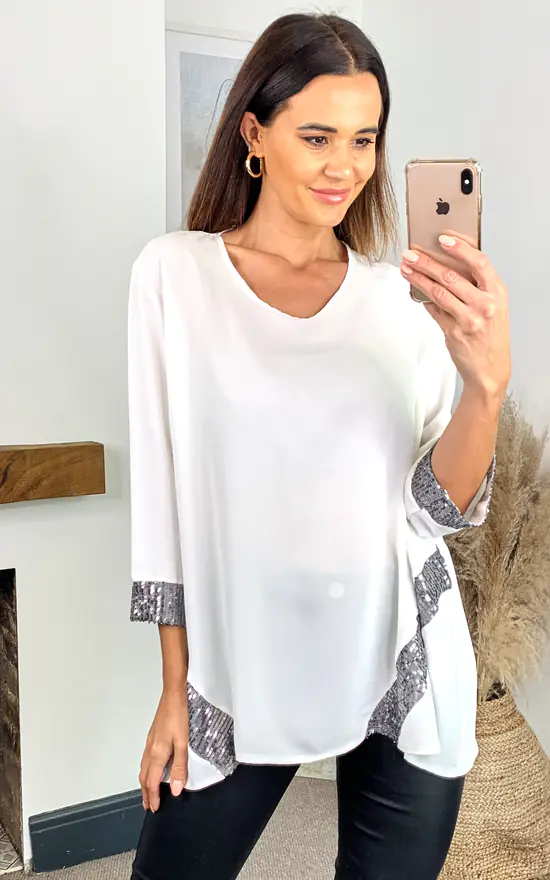 Wholesale ๐ HOXTON GAL Silver Sequin Detail Oversized Top In White ๐งจ - Image 2