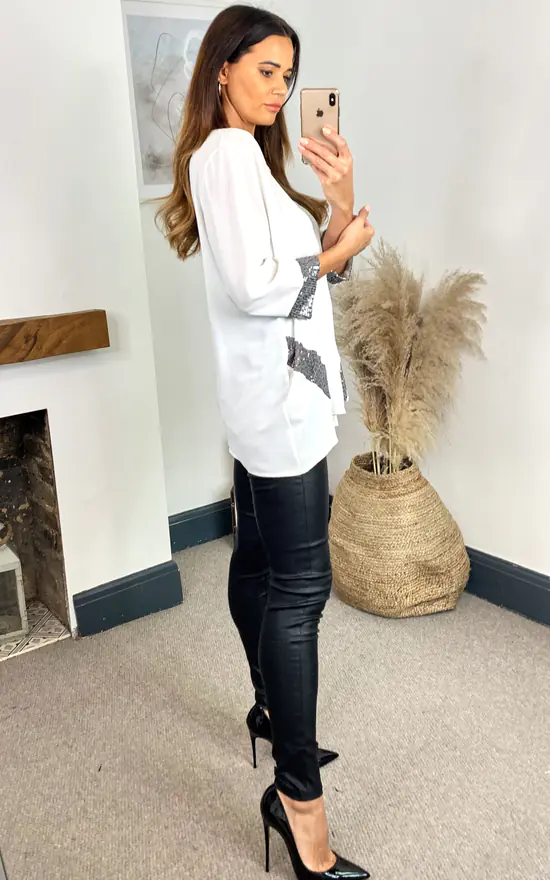 Wholesale ๐ HOXTON GAL Silver Sequin Detail Oversized Top In White ๐งจ - Image 3