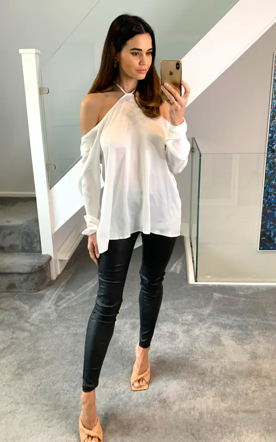 Brand new ๐ HOXTON GAL Oversized Tie Neck Off Shoulder Top In White ๐ฅฐ