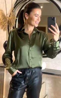Discount 🛒 FreeSpirits Oversized Green Satin 👚 Shirt 😀