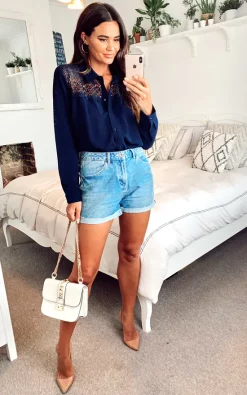 Best deal 💯 HOXTON GAL Oversized 👕 Shirt With Lace Detail In Navy ❤️