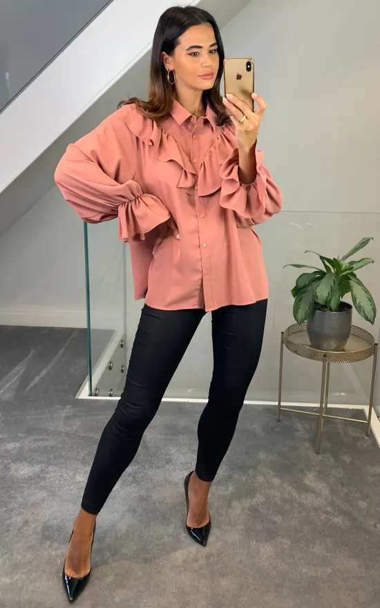 Promo ✔️ HOXTON GAL Ruffle Detailed Front With Ruffle Sleeves 👕 Shirt In Pink 🤩 - Image 2