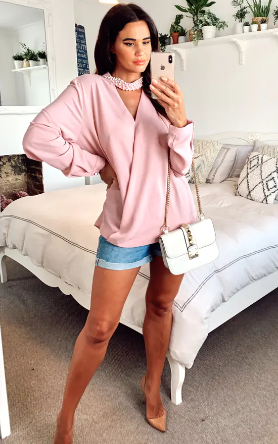 Cheap โญ HOXTON GAL Long Sleeves Oversized Top With Pearl Detail Collar In Pink ๐งจ - Image 2